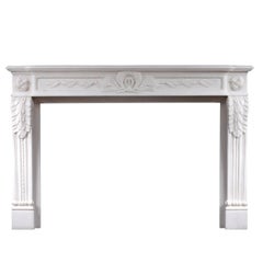 Carved French Louis XVI Style White Marble Fireplace
