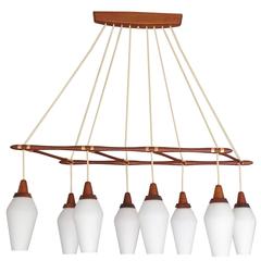 Very Large Linear Glass & Teak Chandelier, 1960s Danish Modern Design Pendant 1