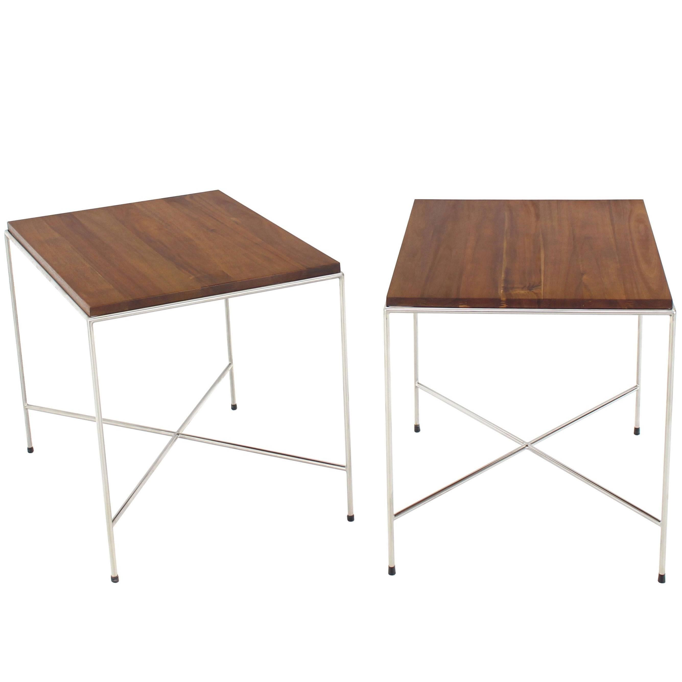 Pair of X-Base Chrome Side or End Tables with Solid Oiled Tops For Sale