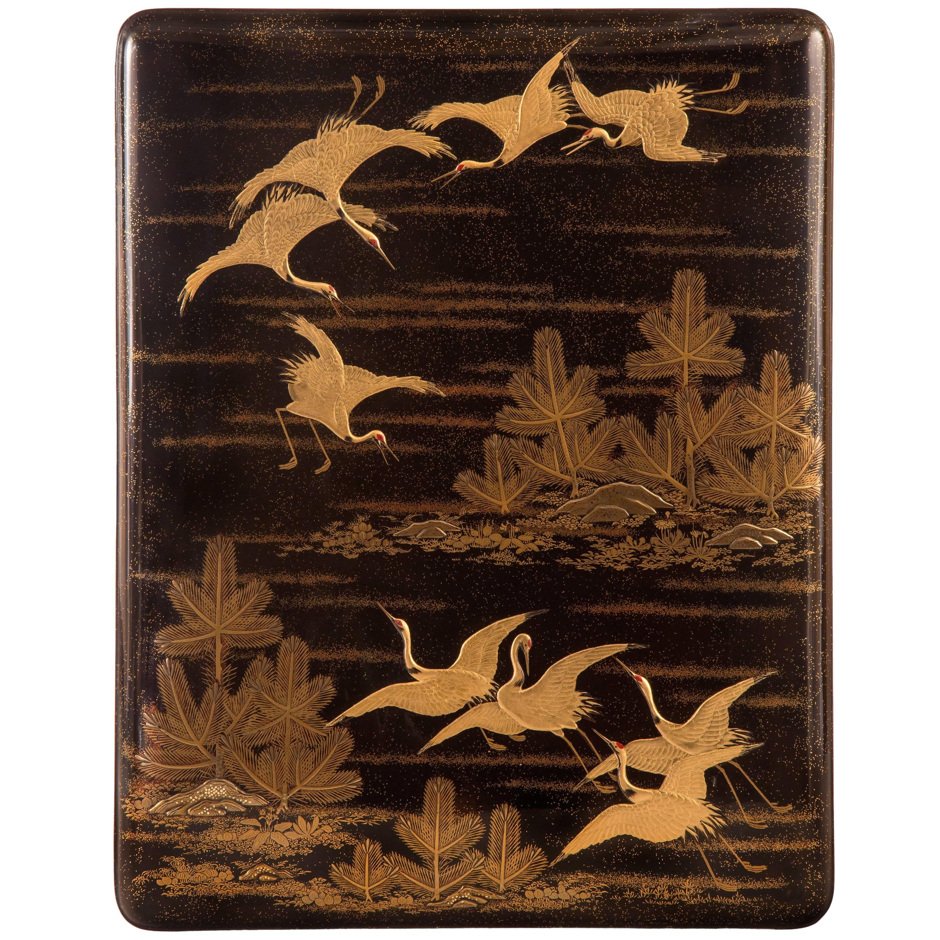 A Large Japanese Gold Lacquer Box (Bunko) Depicting Cranes and Pine Trees For Sale