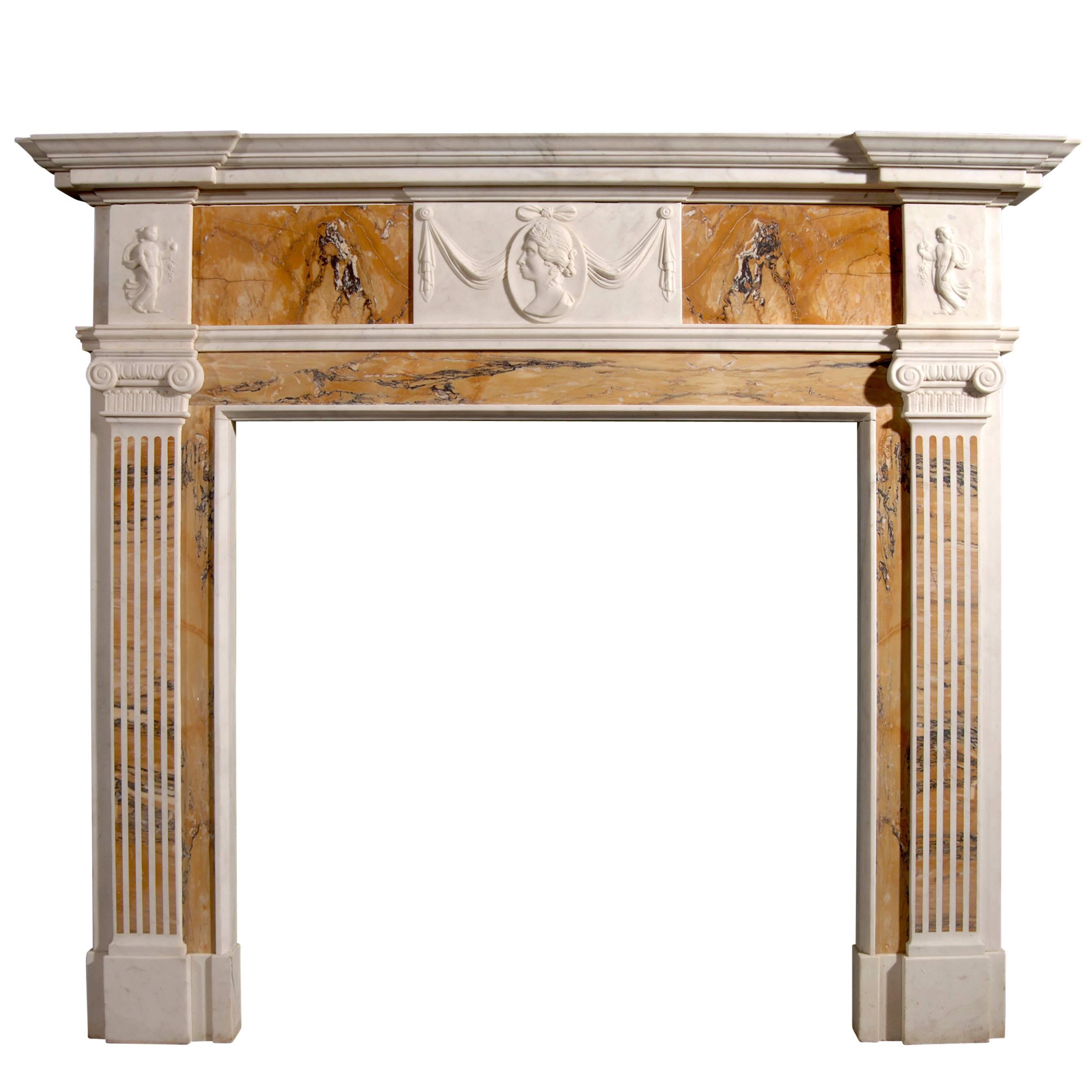 English George III Style Statuary and Inlaid Sienna Fireplace For Sale