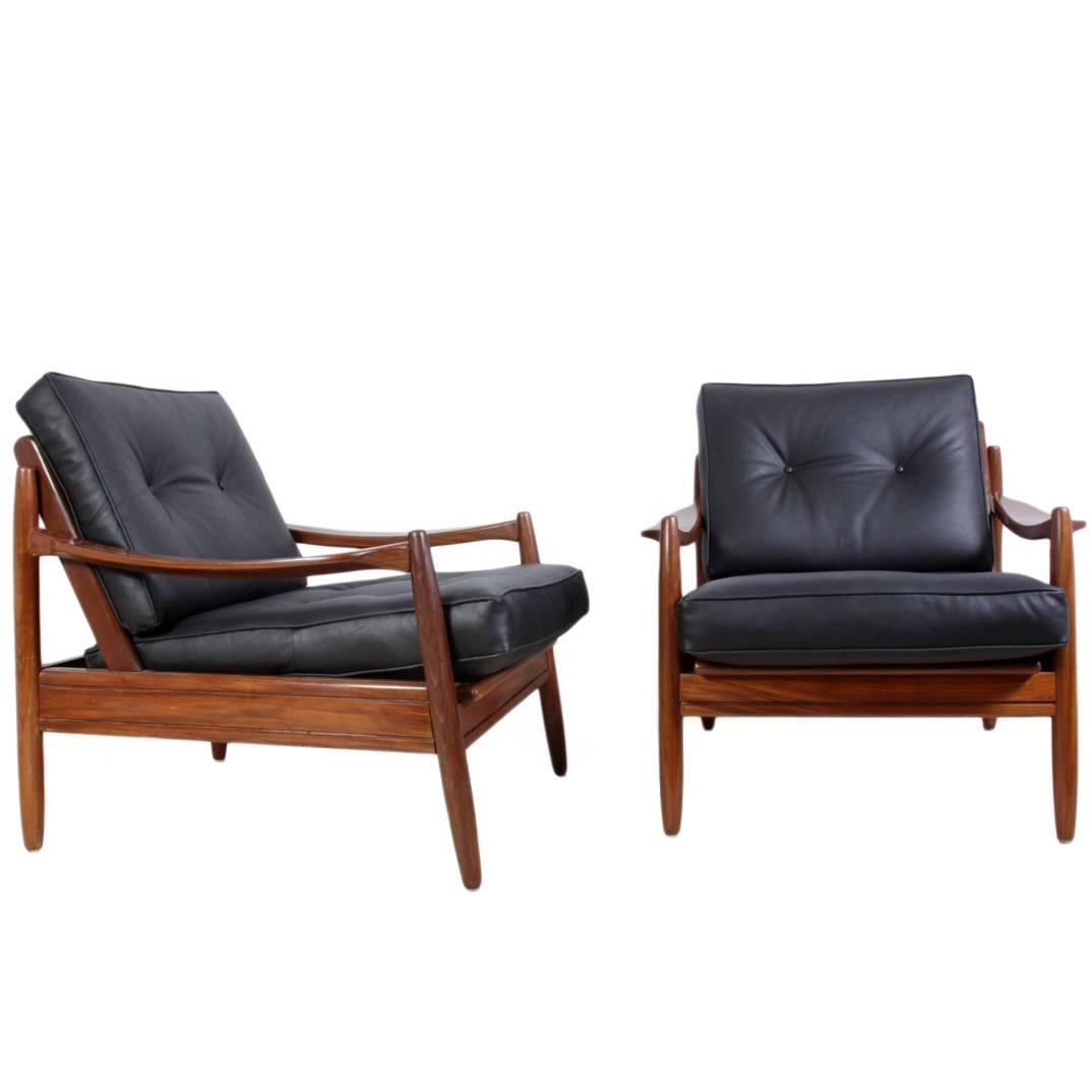 Pair of Mid-Century Teak Framed Leather Armchairs, circa 1960