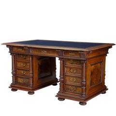 19th Century Victorian Walnut Pedestal Writing Desk Table
