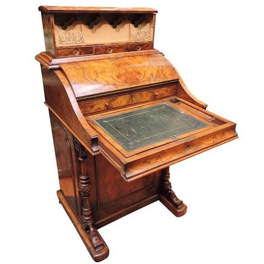 English Victorian Harlequin Davenport Desk Burled Walnut, circa 1860