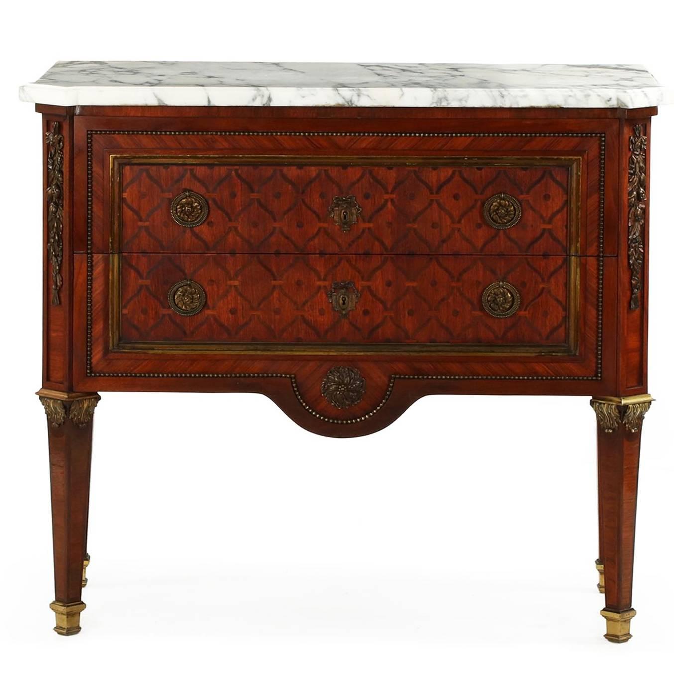 French Neoclassical Bronze and Marble Parquetry Inlaid Commode, circa 1880