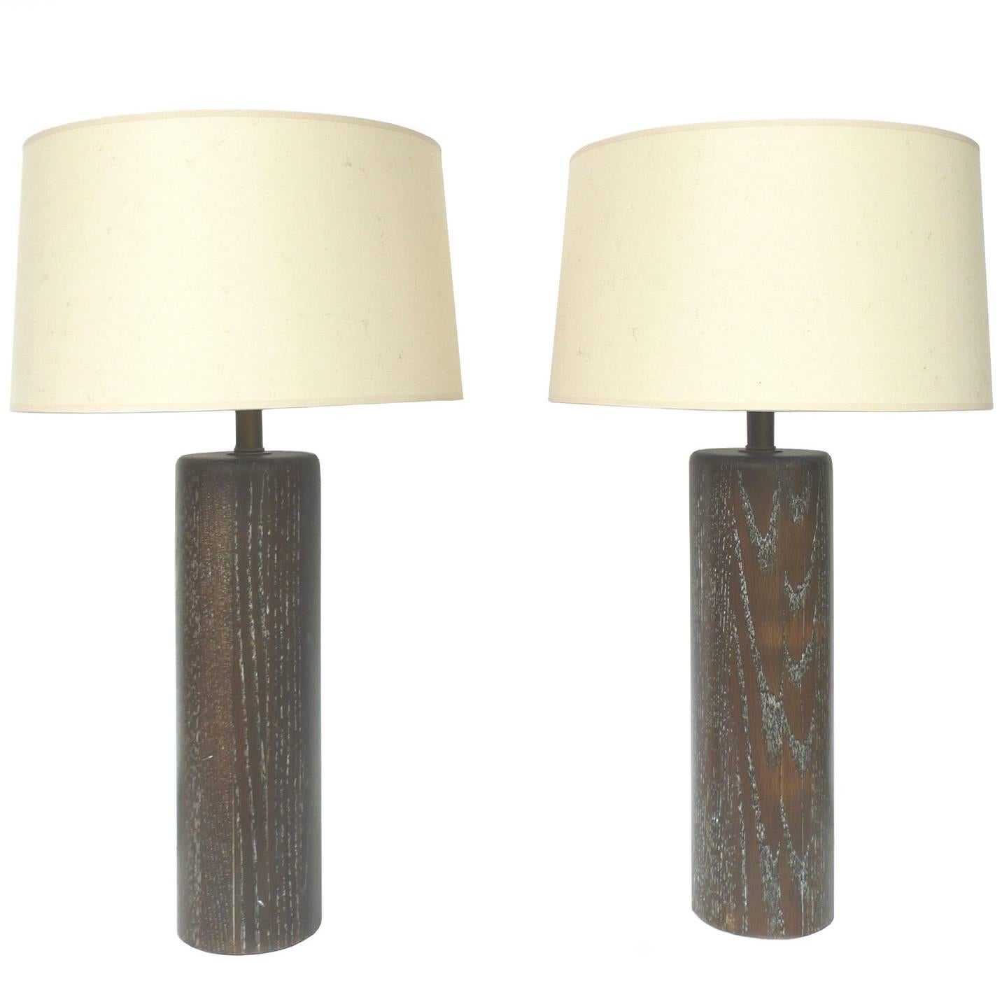 Pair of Brown Cerused Oak Table Lamps by Nessen Studios