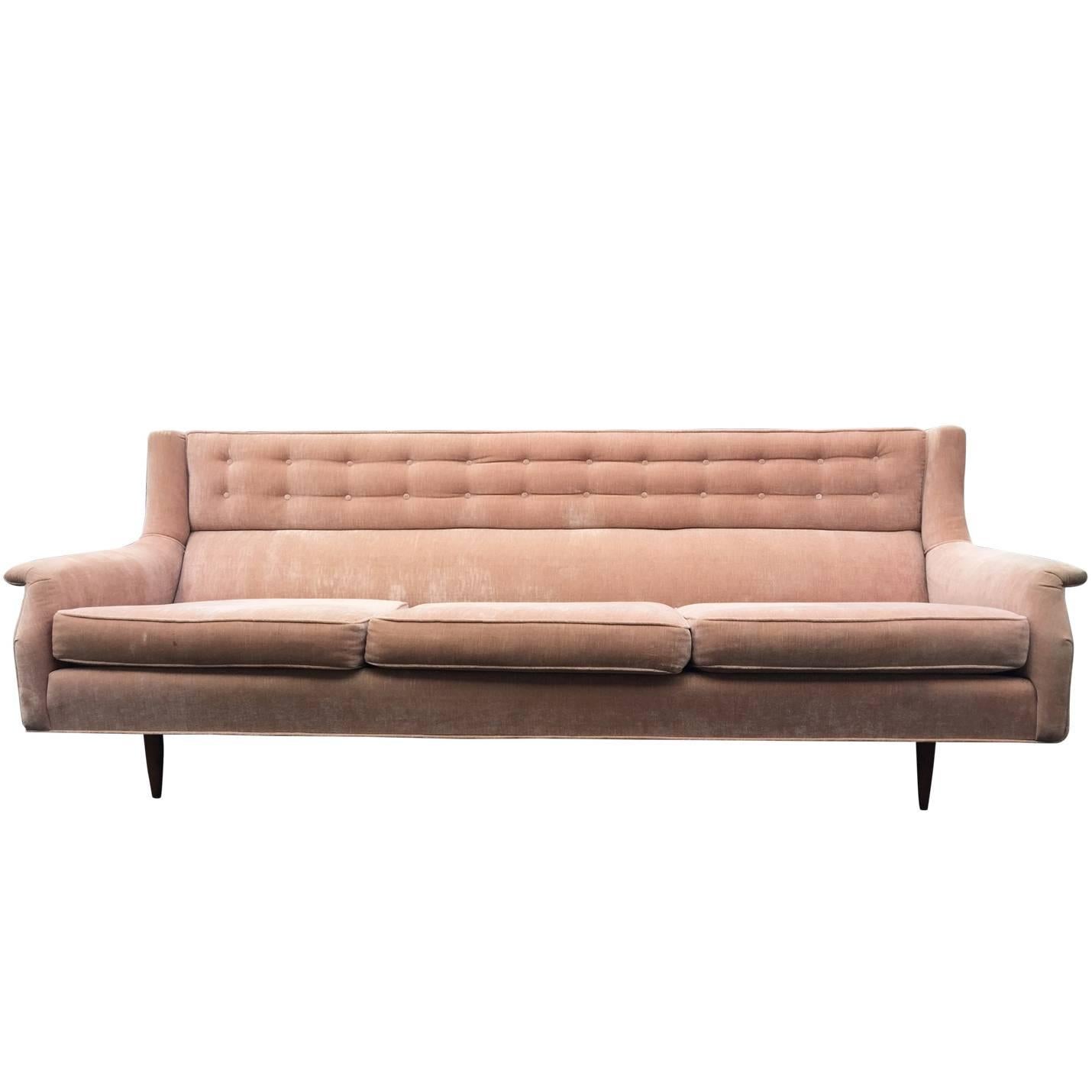 Pink Blush Velvet Mid-Century Modern Sofa with Tufted Back