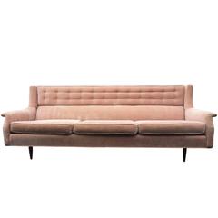 Vintage Pink Blush Velvet Mid-Century Modern Sofa with Tufted Back