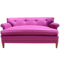 Vintage 1960s Raspberry Pink Linen Settee Loveseat with Curved Arms