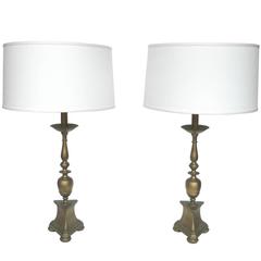 Vintage Pair of Brass Candlestick Table Lamps