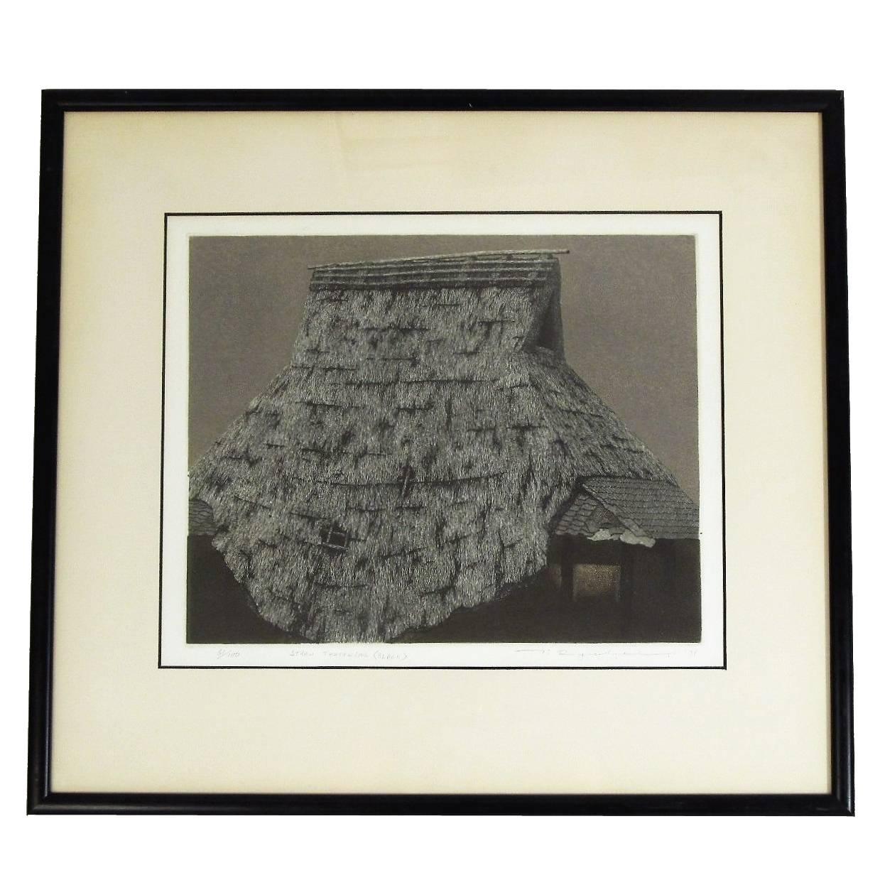 "Straw Thatching" 1971 Aquatint Etching by Tanaka Ryohei For Sale