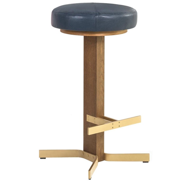 Walcott Barstool, White Oak and Solid Brass Base, Blue Leather Seat 1