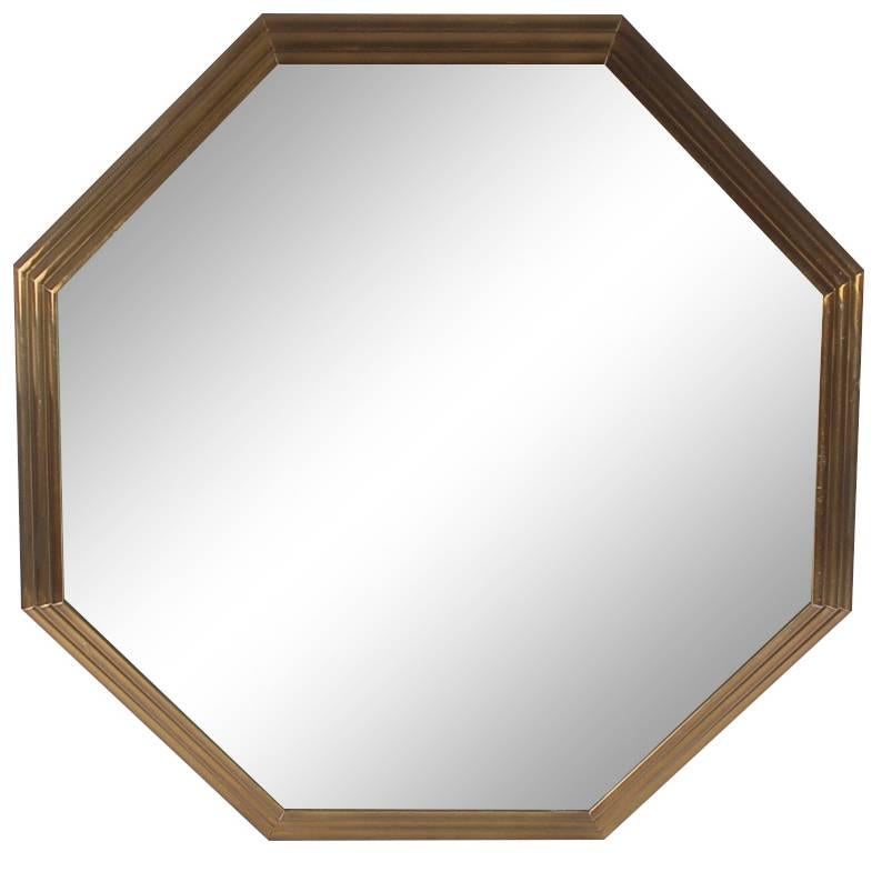 Large Mid-Century Modern Art Deco Octagonal Brass Wall Mirror