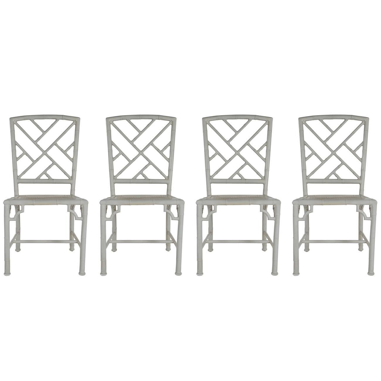 Set of Four Metal Indoor or Patio Faux Bamboo Chinoiserie Chippendale Chairs