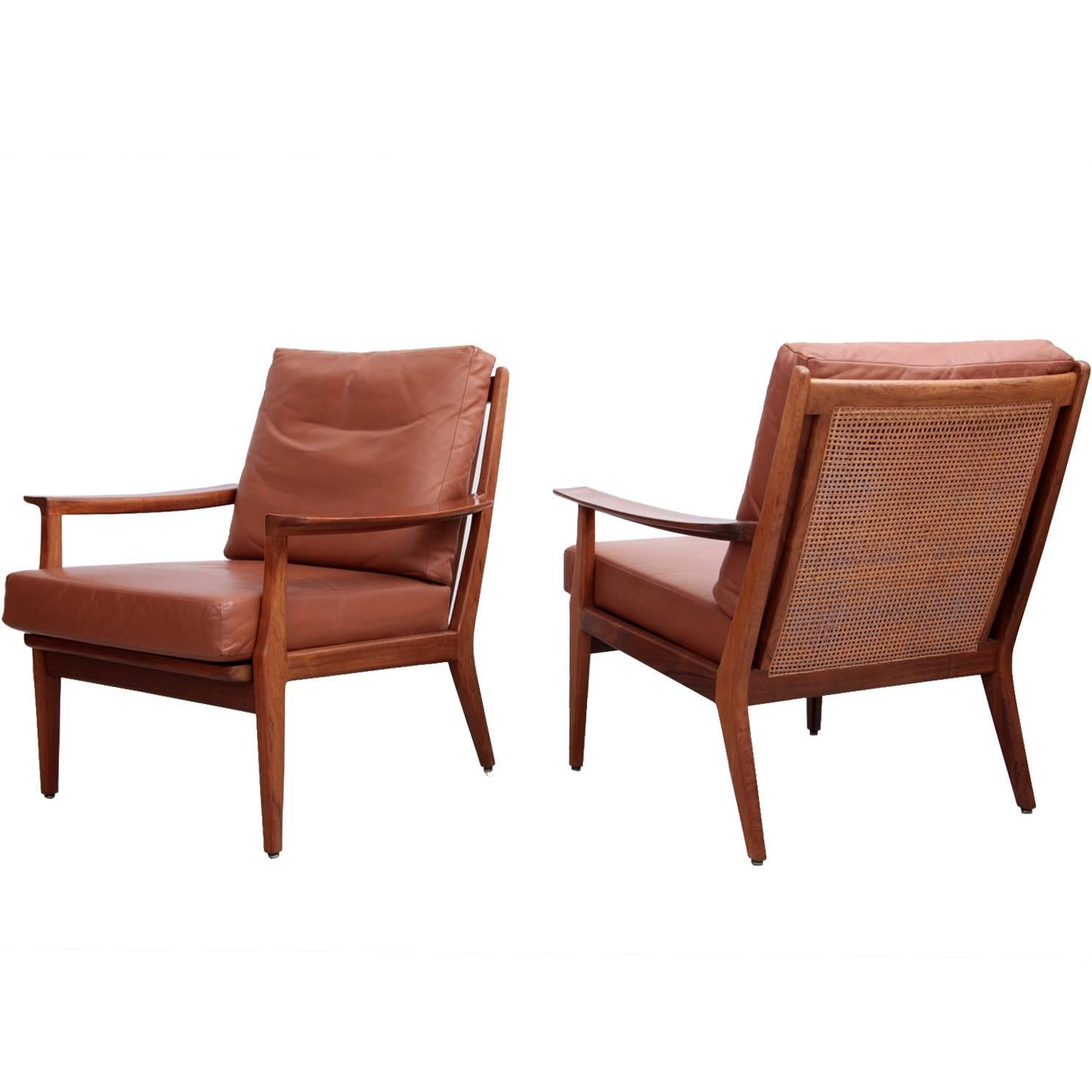 Pair of Danish Wood Lounge Chairs in Leather and Cane