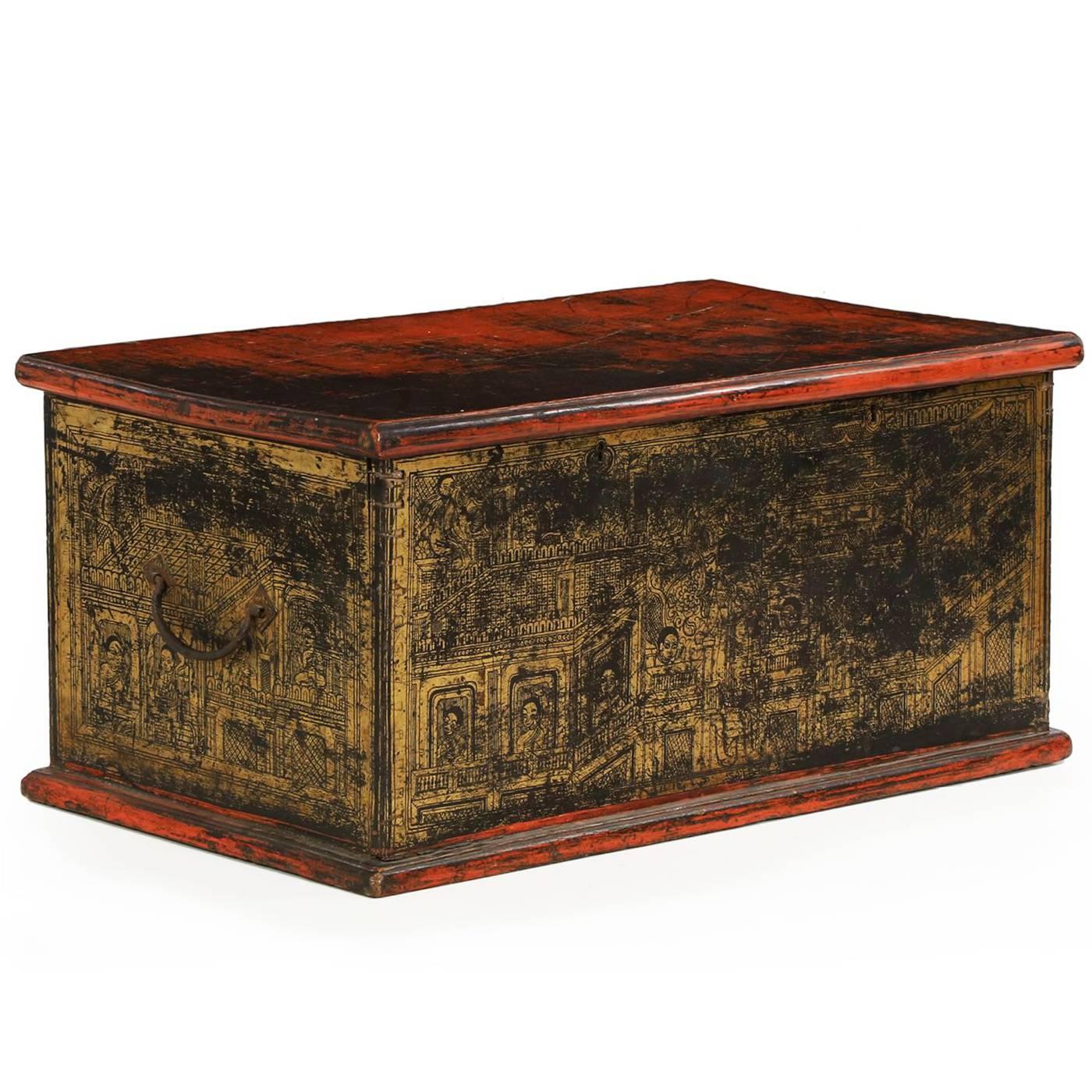 19th Century Asian Gilt Decorated and Red Polychromed Antique Blanket Chest