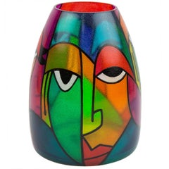 Signed Picasso Style Abstract Art Glass Bullet Murano Faces Vase Estate Find