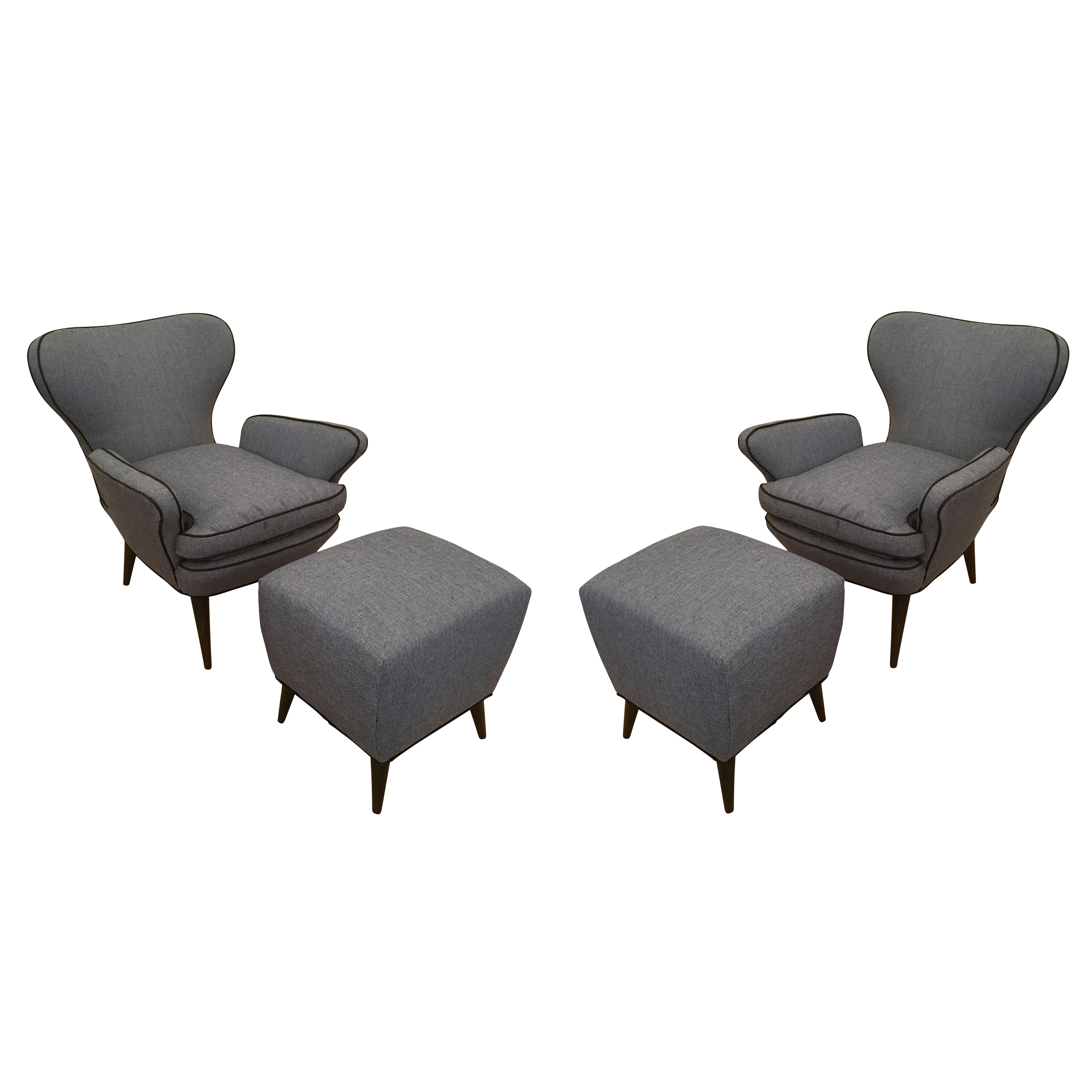 Pair of Mid-Century Armchairs with Foot Stools