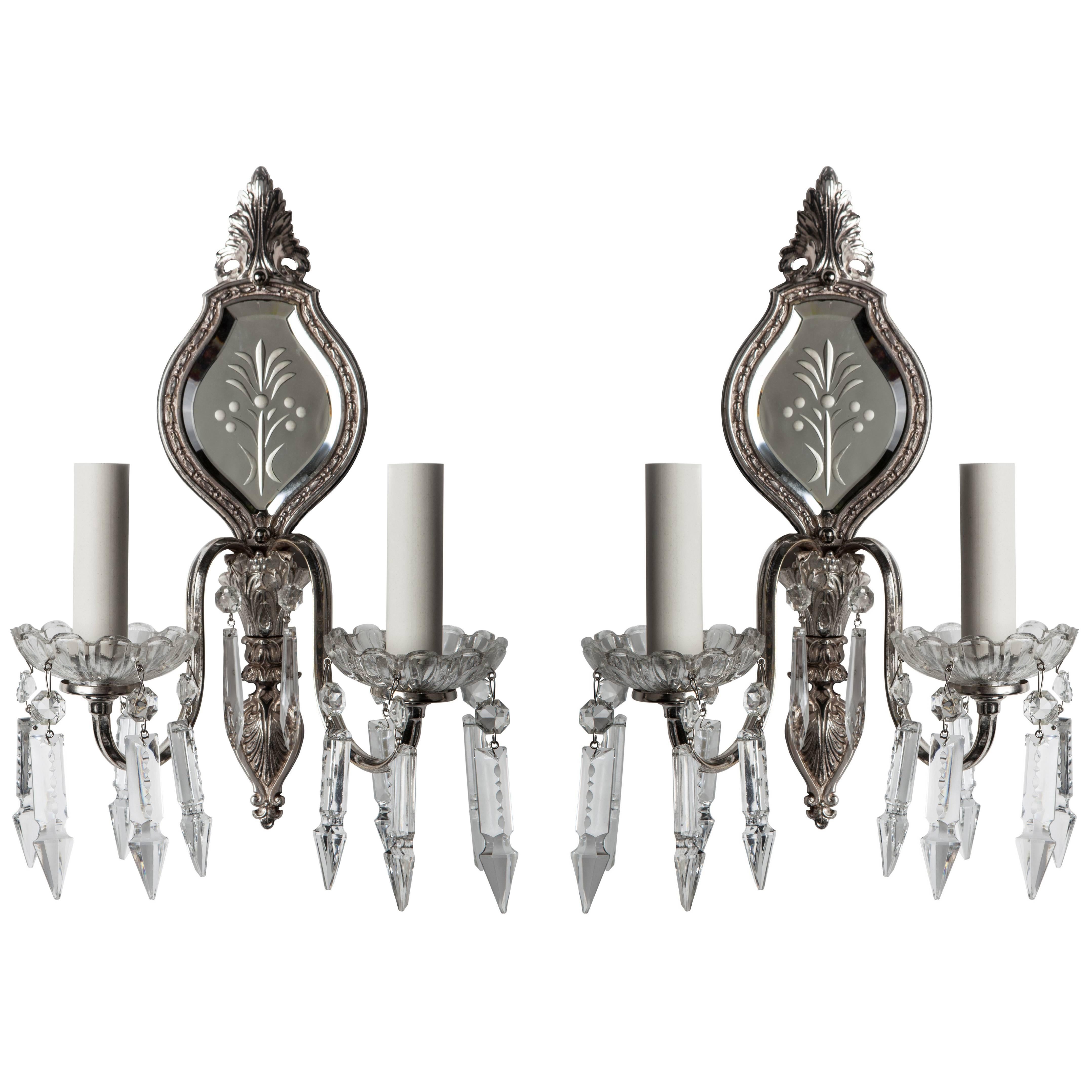 Silverplate Wheel-Cut Mirrorback Sconces with Crystal Spear Prisms, Circa 1930s For Sale