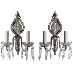 Silverplate Wheel-Cut Mirrorback Sconces with Crystal Spear Prisms, Circa 1930s