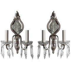 Used Silverplate Wheel-Cut Mirrorback Sconces with Crystal Spear Prisms, Circa 1930s