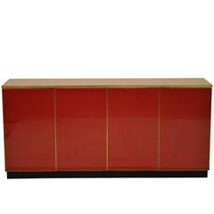 Carmine Red Glass and Brass Sideboard by Belgo Chrome, Belgium, 1970s