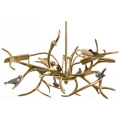 Retro Bronze "Tree Sculpture, Six Birds" Chandelier by Willy Daro, Belgium, 1970