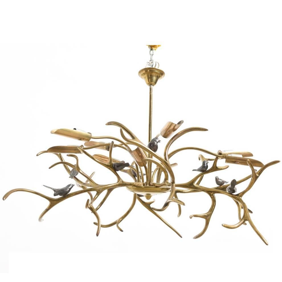 Large Willy Daro Bronze Organic "Tree Sculpture, Eight Birds" Chandelier