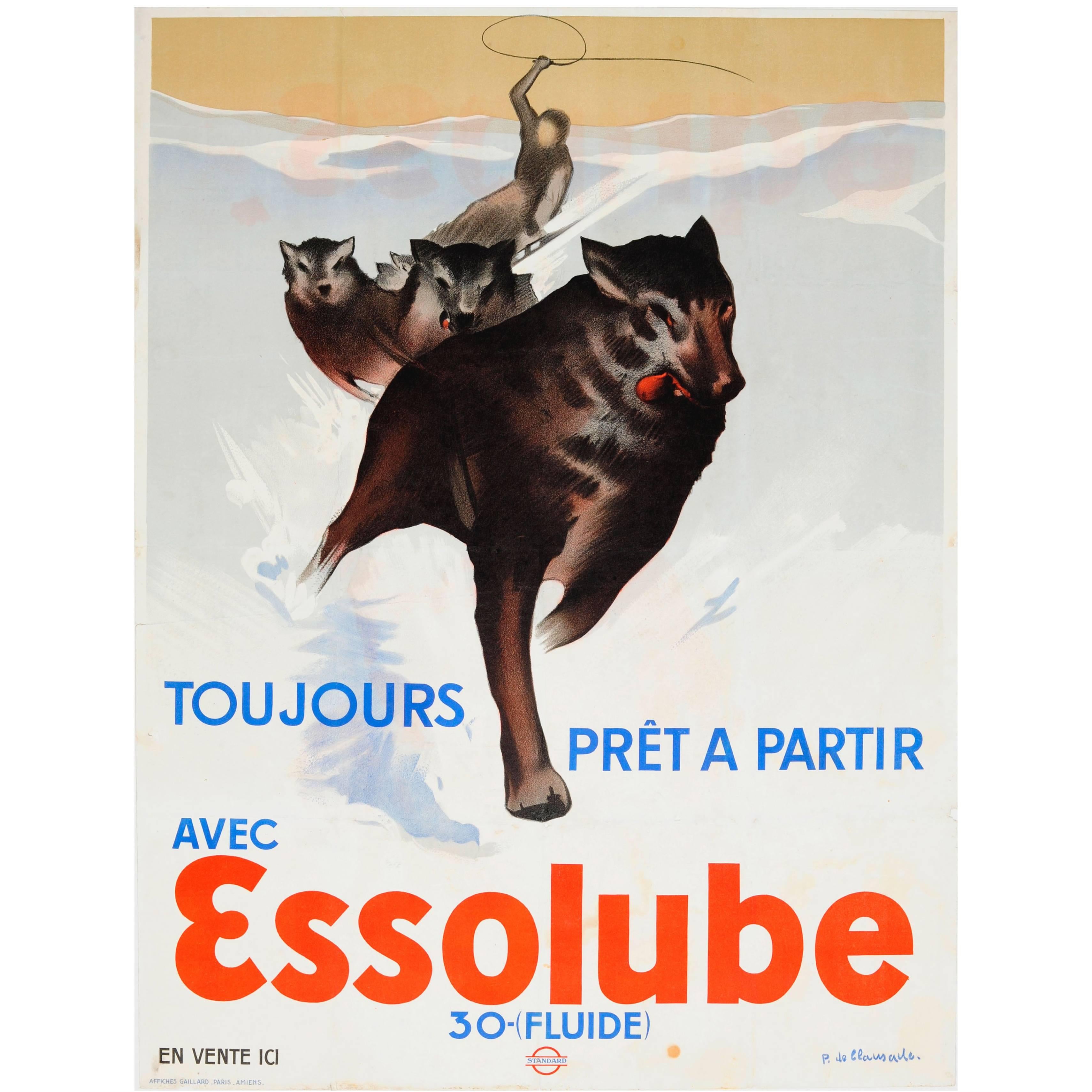 Original Vintage 1930s Advertising Poster Essolube Engine Oil - Husky Dog Sledge