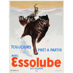 Original Vintage 1930s Advertising Poster Essolube Engine Oil - Husky Dog Sledge