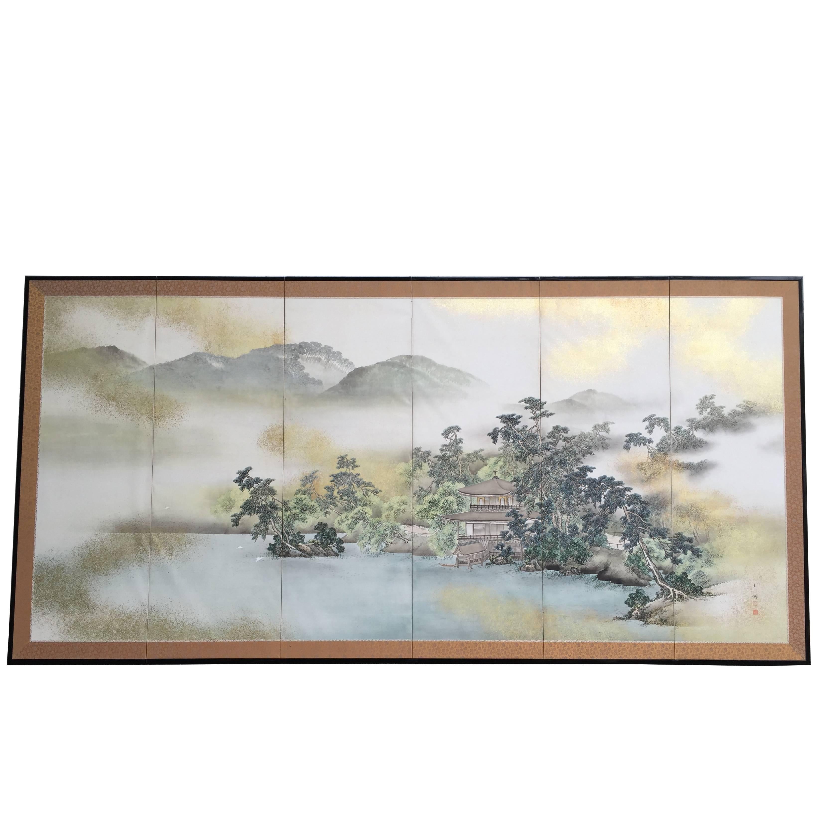 Japanese Antique SUMMER MIST MOUNTAINSIDE fine Silk Screen, 1921