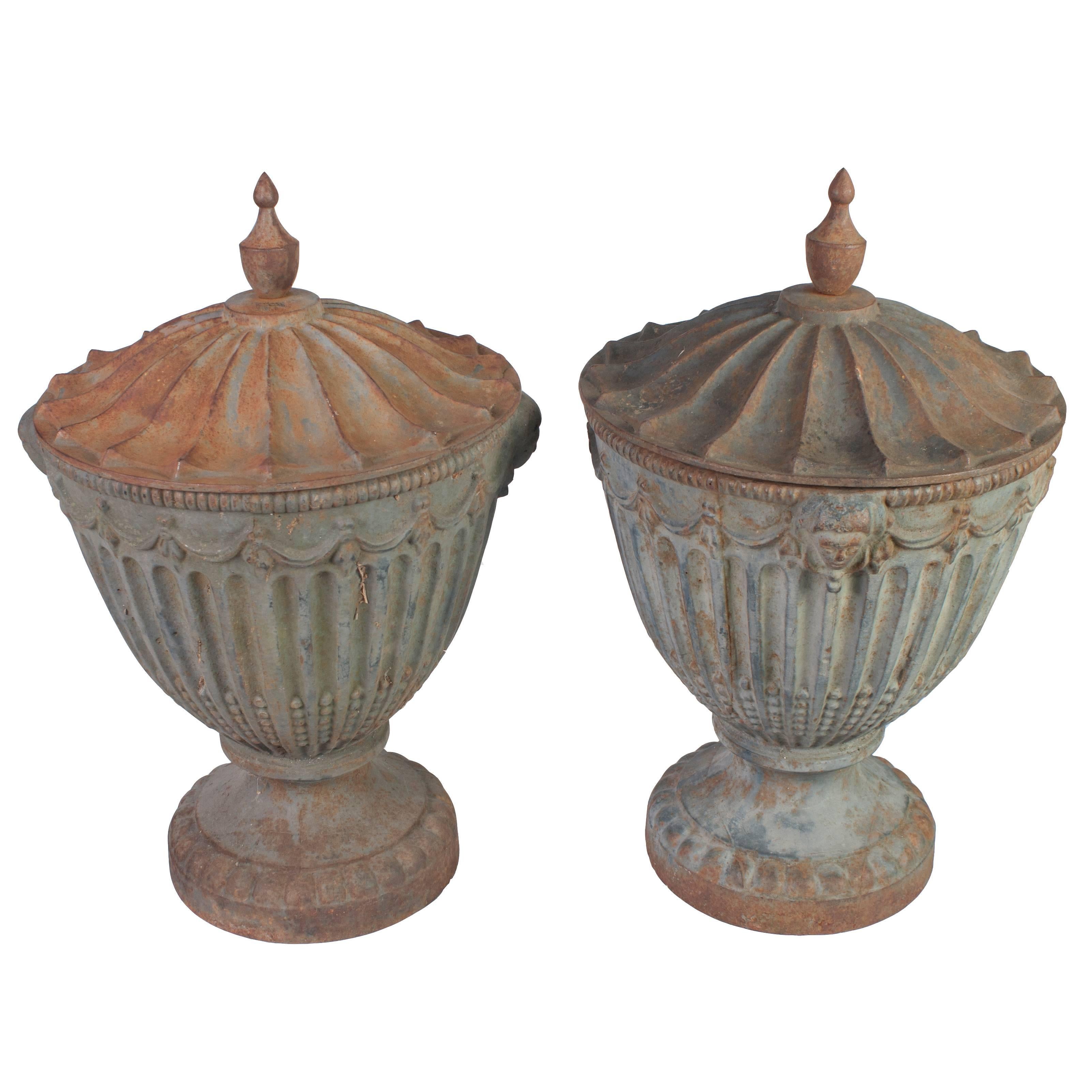Pair of Painted Covered Urns