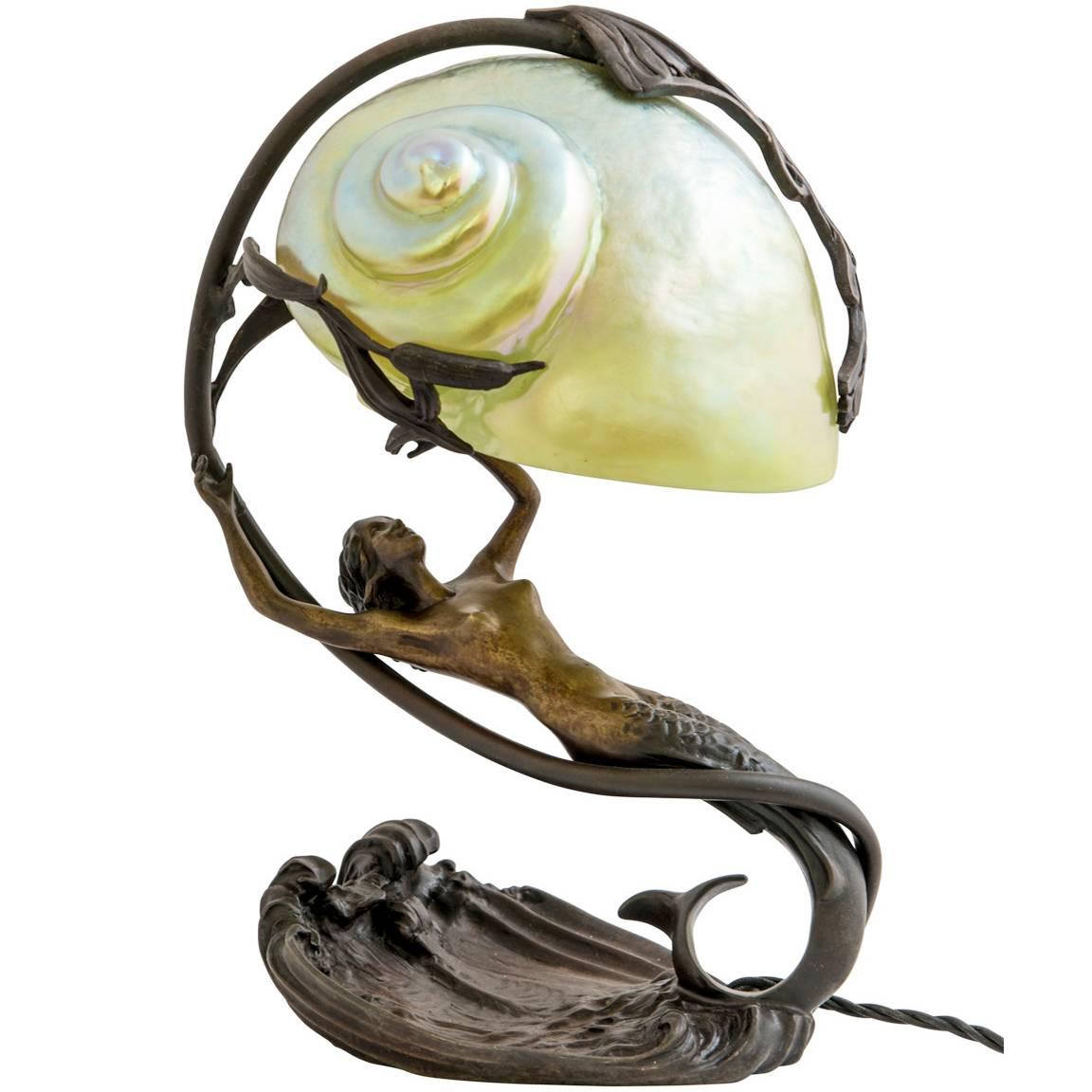 Lamp Gustav Gurschner Attributed Symbolistic Bronze with Iridescent Glass Shade