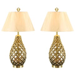 Lovely Restored Pair of Pierced Ceramic, Brass and Lucite Lamps