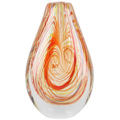 Used Murano 1960s Art Glass Vase with Swirls of Orange, Red, Yellow and Blue