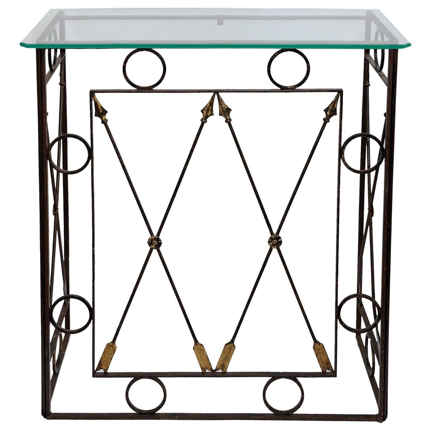 French Iron Console Table with Glass Plate Top, circa 1950 For Sale