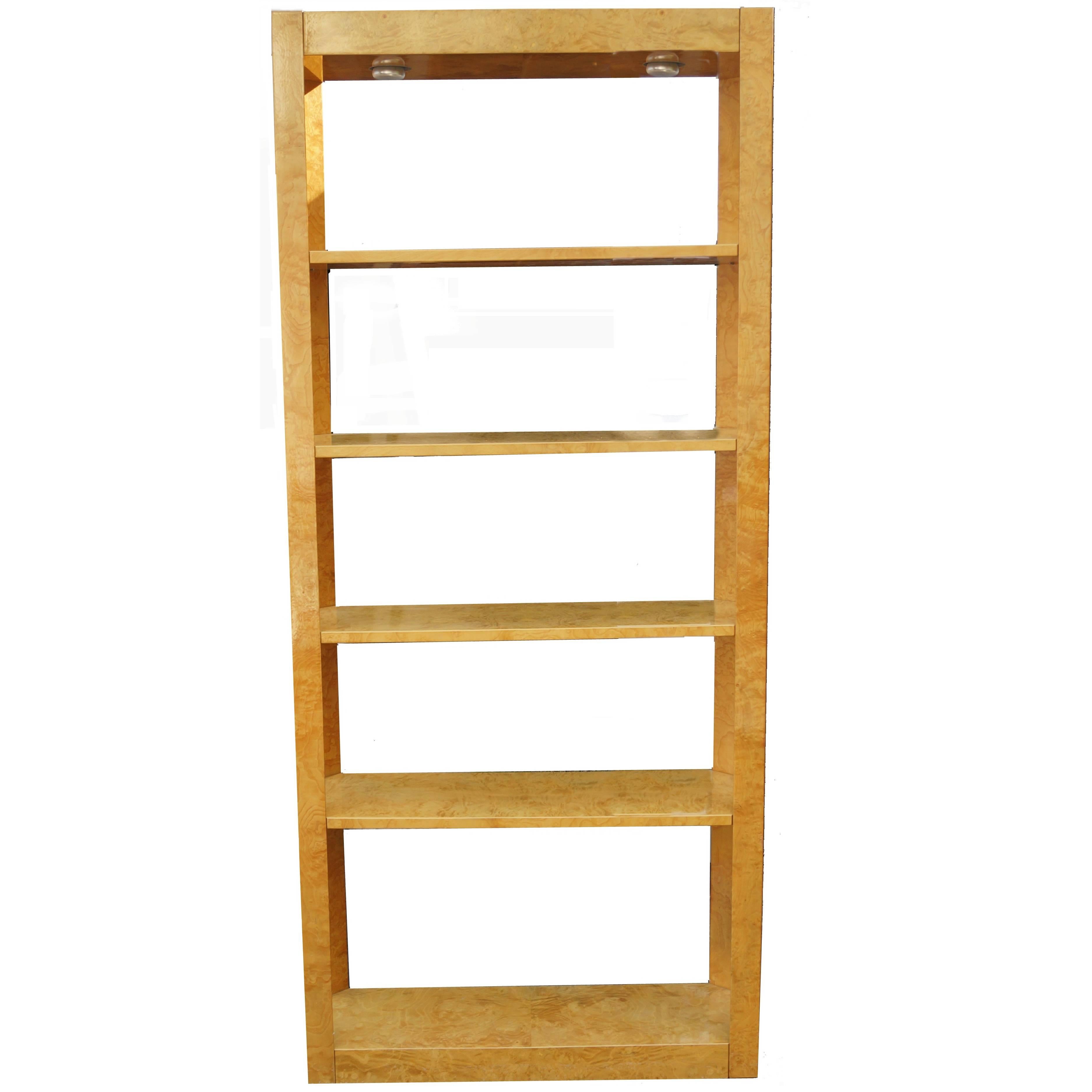 Burl Wood Étagère Shelving Unit Lighted Bookcase Manner of Milo Baughman