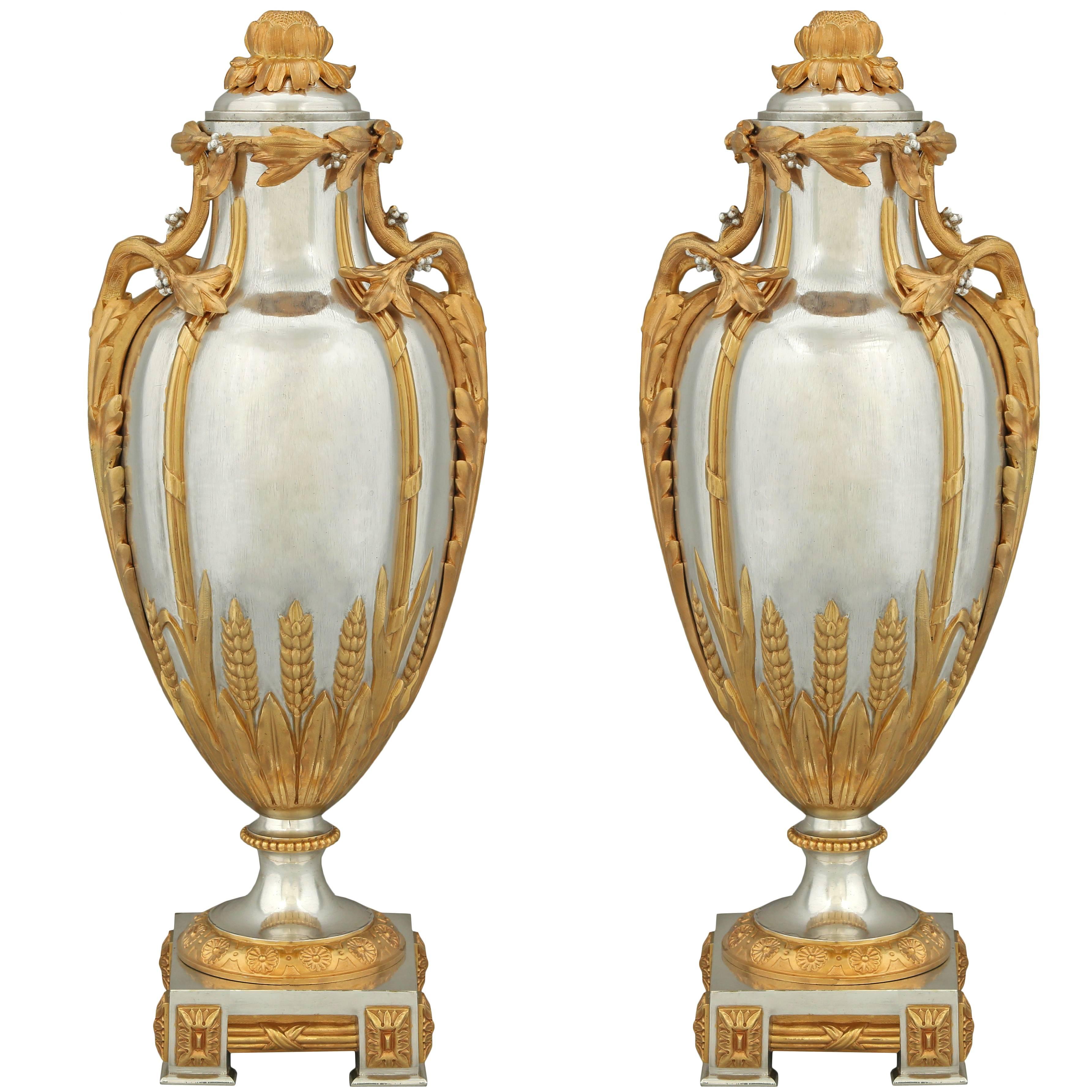 French 19th Century Louis XVI Style Silvered Bronze and Ormolu Signed Urns