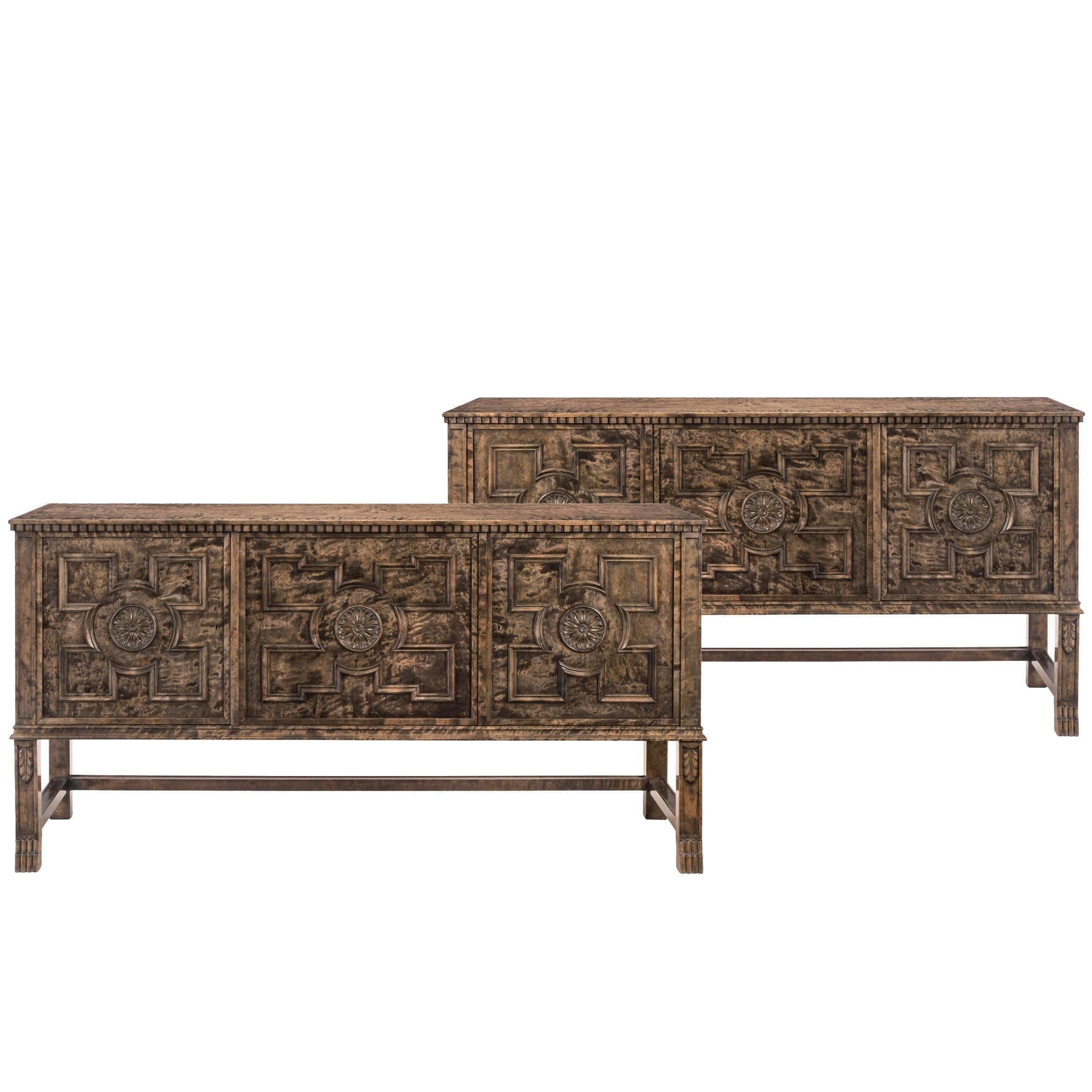 Axel Einar Hjorth for Bodafors, Pair of "Roma" Quilted Birch Sideboard Cabinets For Sale