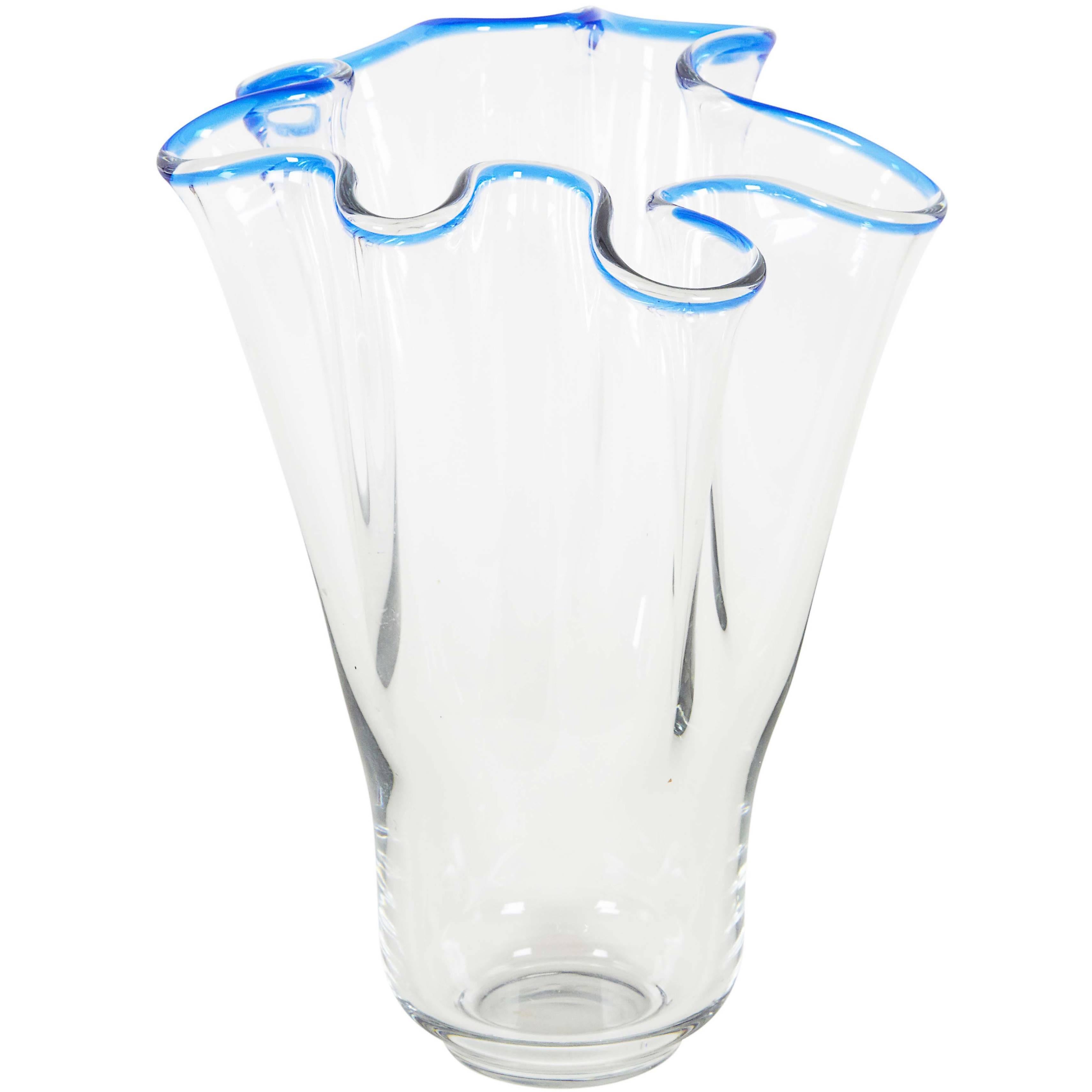 Art Glass Handkerchief Vase with Blue Rim For Sale