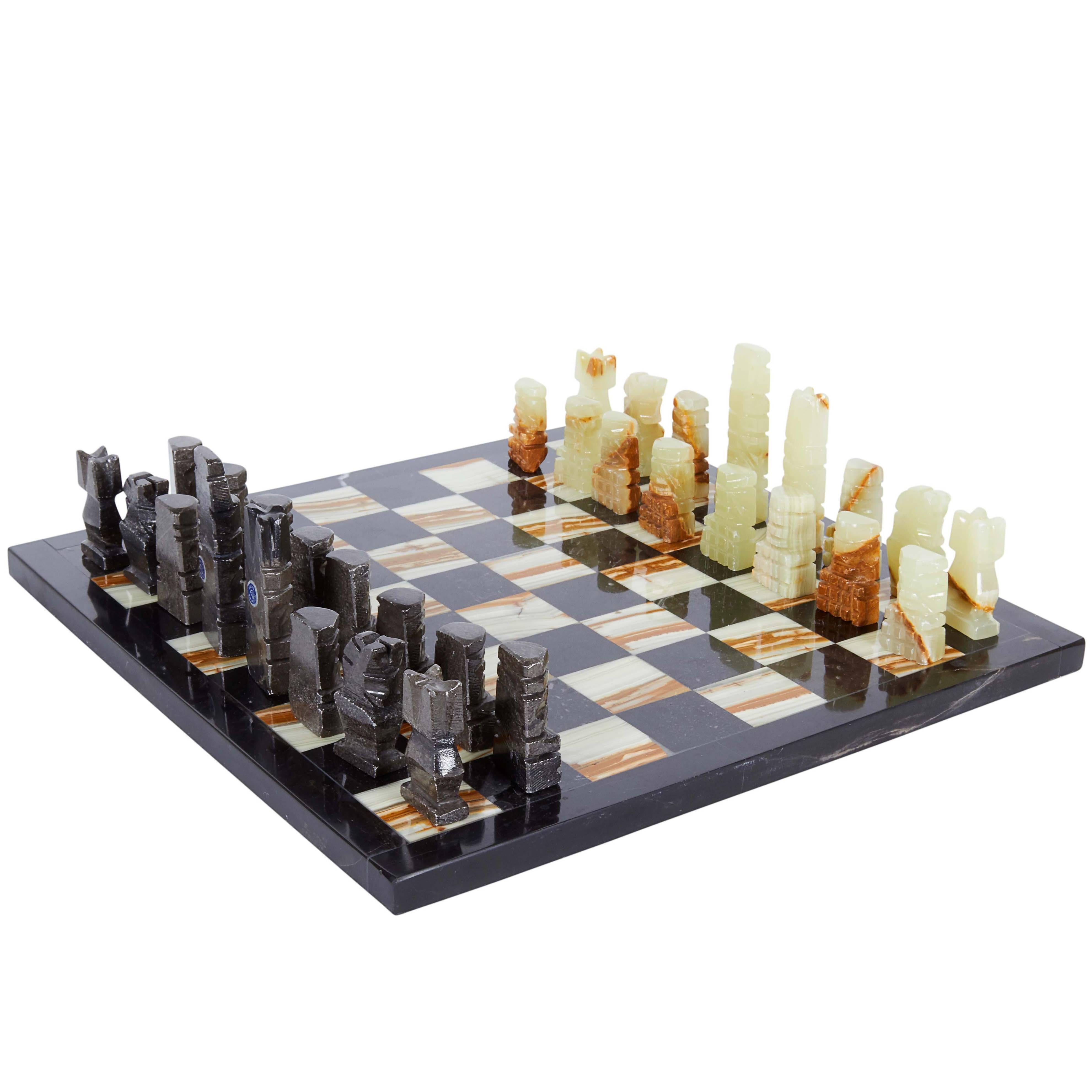 Mid-Century Onyx and Marble Chess Set
