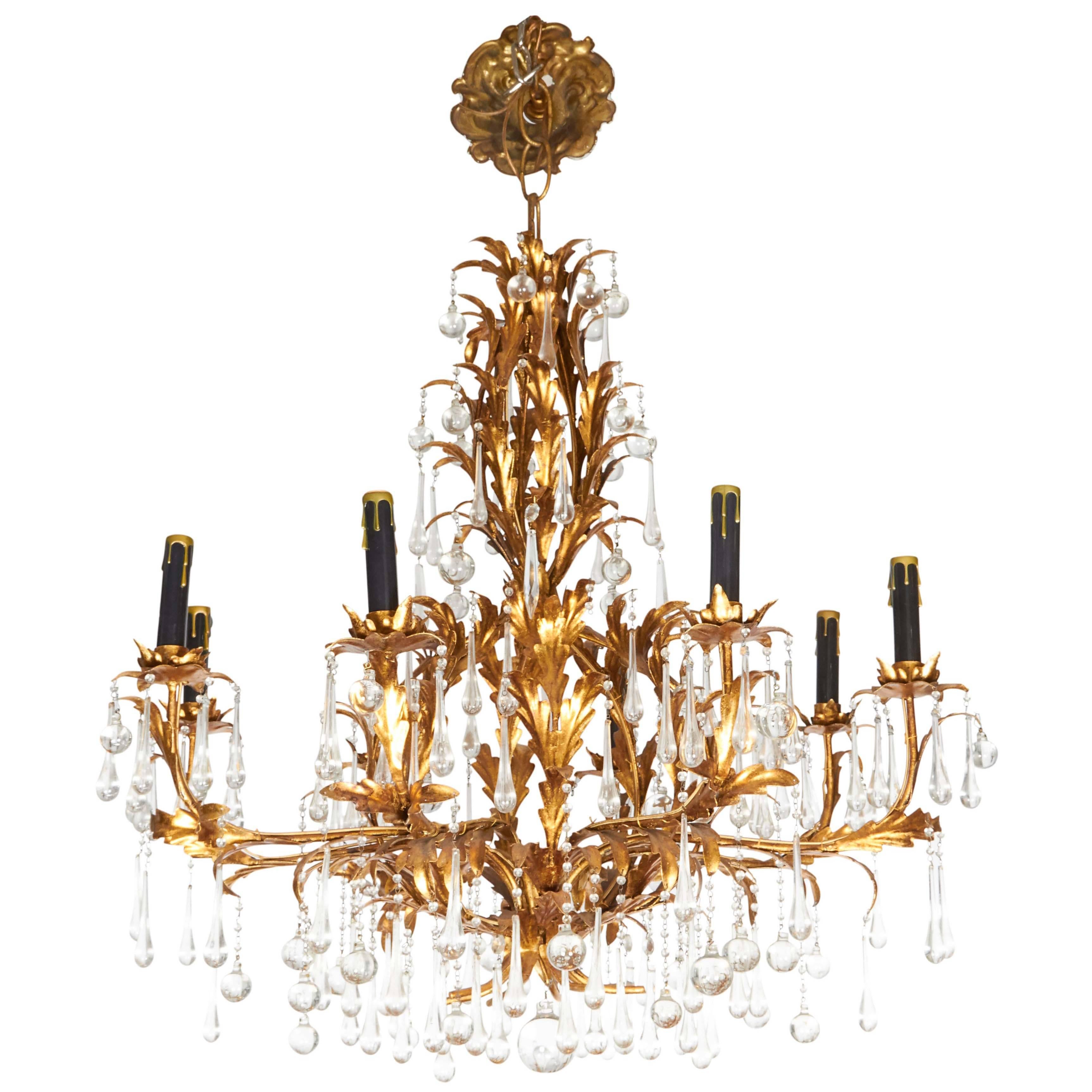 Gilt Tole Eight-Light Chandelier with Crystal Drops