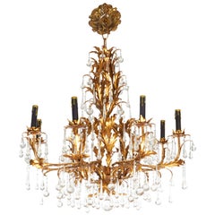 Gilt Tole Eight-Light Chandelier with Crystal Drops
