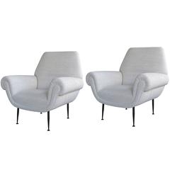 Stylish Pair of Italian Club Chairs with Ebonized Metal Legs by Gigi Radice