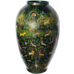 Rare and Whimsical Kashmiri Lacquered Ovoid Vase with Animal Decoration