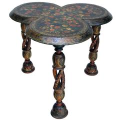 Antique Finely Decorated Kashmiri Lacquered Clover-Leaf Side Table on Spiral Supports