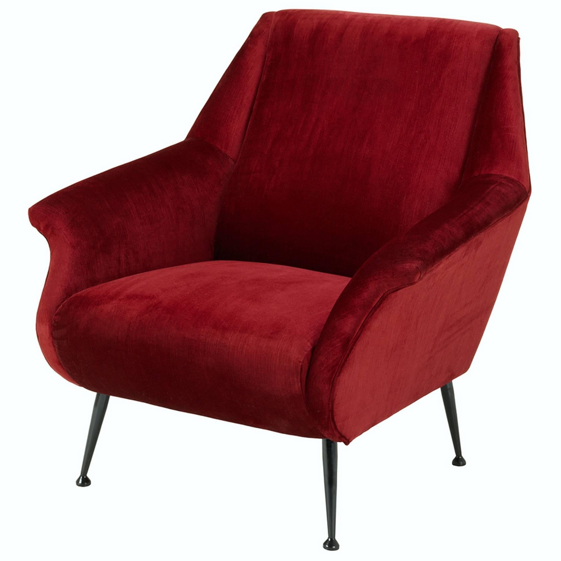 Red Lounge Chair with Red Essex Fabric and Bronze Legs