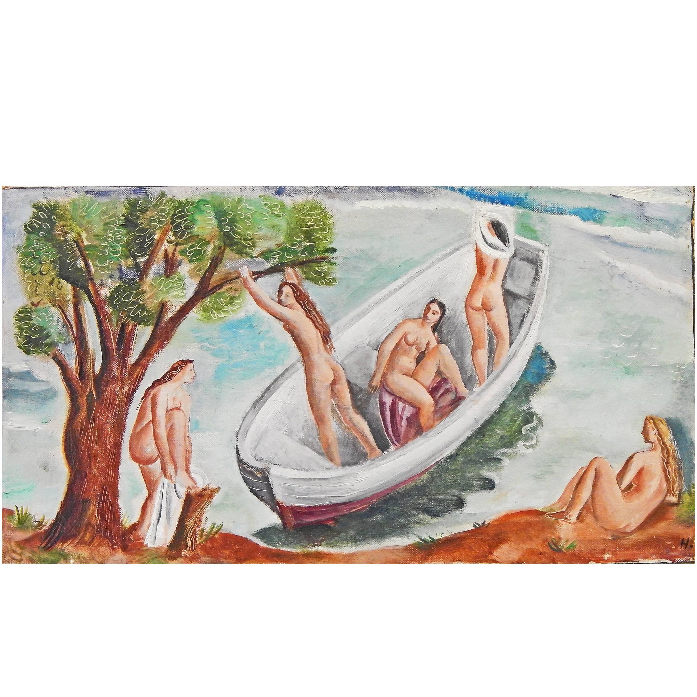 "Bathers at the Shore, " Delightful Art Deco Painting with Female Nudes