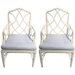 Pair of Curvy White Painted Faux Bamboo Armchairs