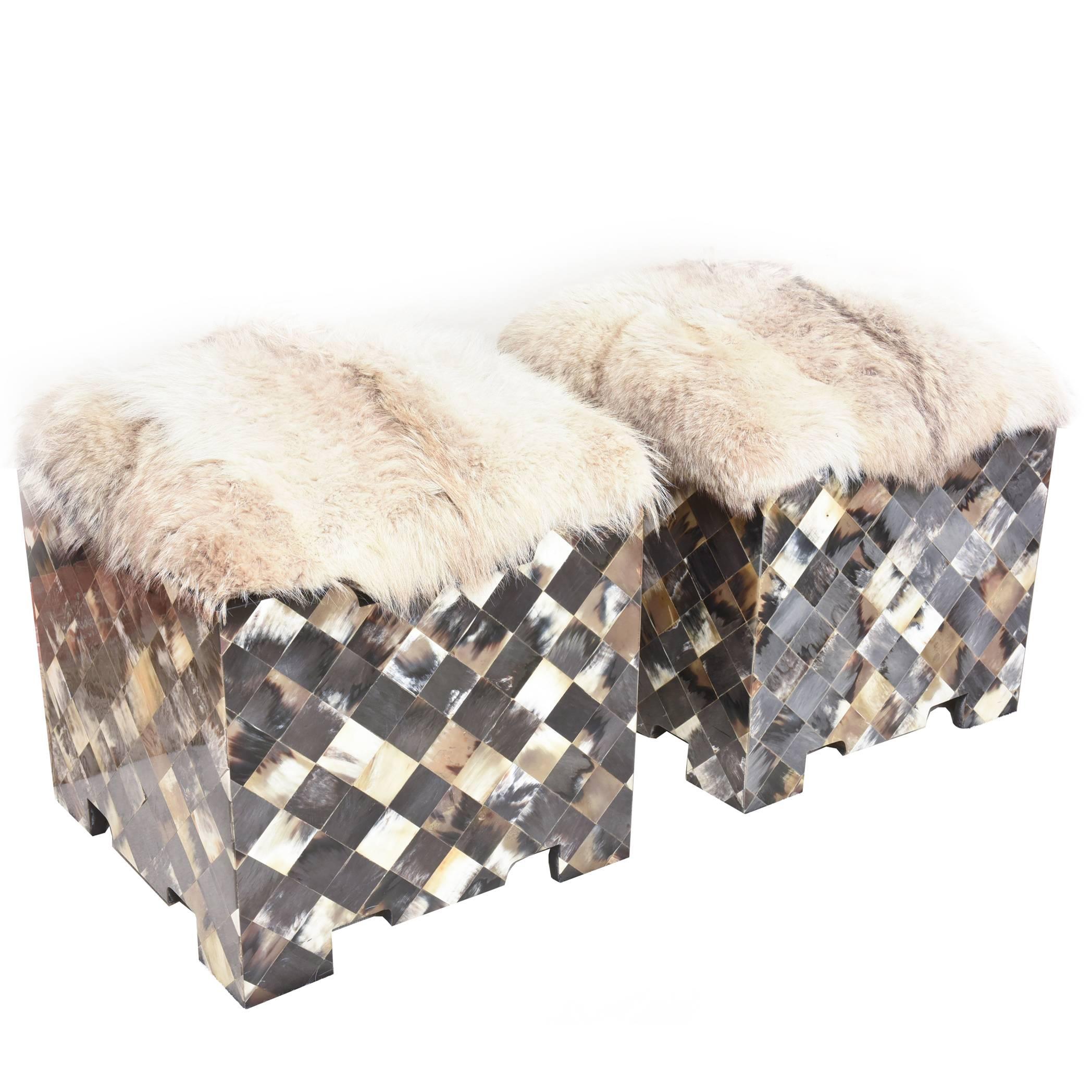 Pair of Diamond Patterned Horn and Fur Topped Benches or Ottomans